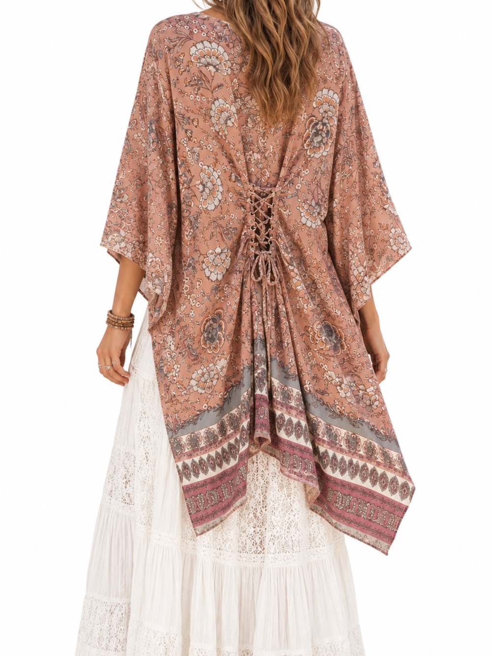 Knox Rose Mauve Floral Lace-Up Kimono Duster Sz Large Boho Festival